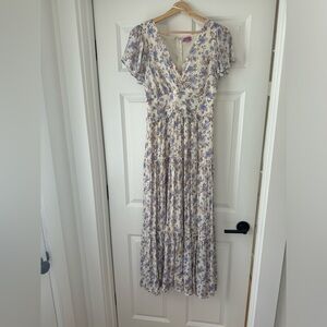Floral V-Neck Maxi Dress - Cream/Off-White, Blue, and Purple